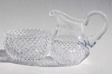 catalog photo of waffle diamond block cut crystal cream pitcher & sugar bowl set, vintage glassware