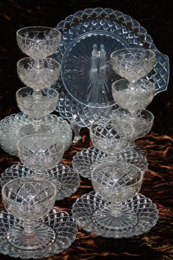 photo of waffle pattern depression glass dessert dishes set - sherbet glasses, plates & cake plate #1