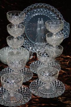 catalog photo of waffle pattern depression glass dessert dishes set - sherbet glasses, plates & cake plate