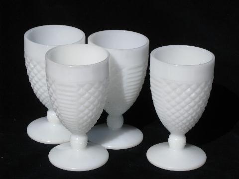 photo of waffle pattern vintage milk glass goblets, set of four wine glasses #1