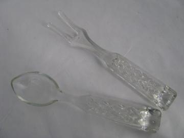 catalog photo of waffle pattern vintage pressed glass salad servers, spoon & fork