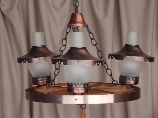 photo of wagon wheel hanging lamp, retro vintage ceiling light w/ copper shades #1