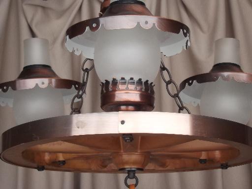 photo of wagon wheel hanging lamp, retro vintage ceiling light w/ copper shades #6