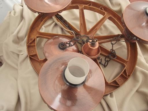 photo of wagon wheel hanging lamp, retro vintage ceiling light w/ copper shades #7