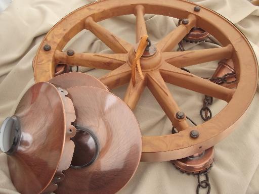 photo of wagon wheel hanging lamp, retro vintage ceiling light w/ copper shades #8