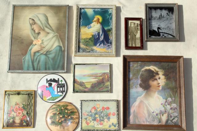 photo of wall art collection 1930s vintage framed prints, bubble glass silhouettes, religious pictures #1