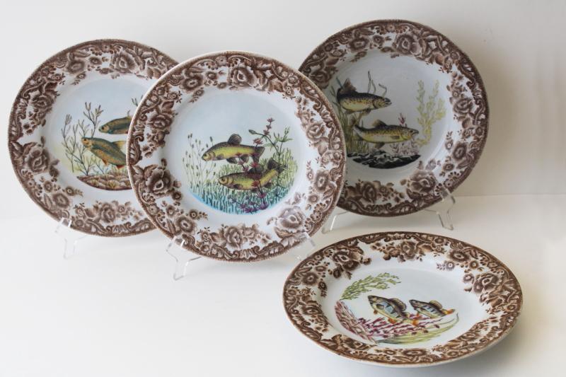 photo of wall art set vintage ironstone fish plates, transferware china w/ painted details #1