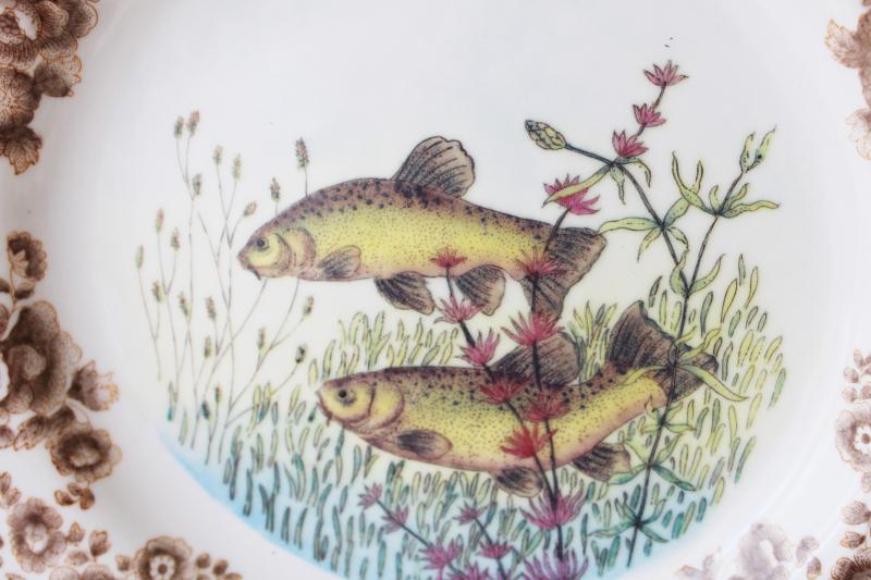 photo of wall art set vintage ironstone fish plates, transferware china w/ painted details #3