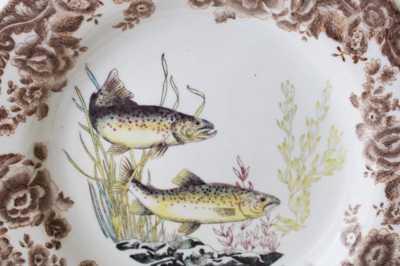 photo of wall art set vintage ironstone fish plates, transferware china w/ painted details #4