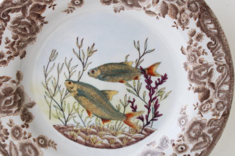 photo of wall art set vintage ironstone fish plates, transferware china w/ painted details #5