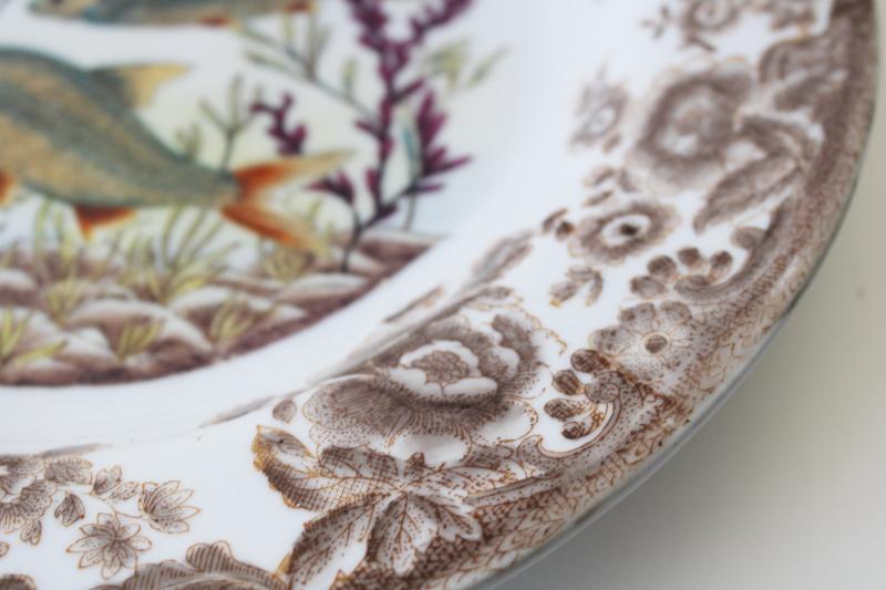 photo of wall art set vintage ironstone fish plates, transferware china w/ painted details #6