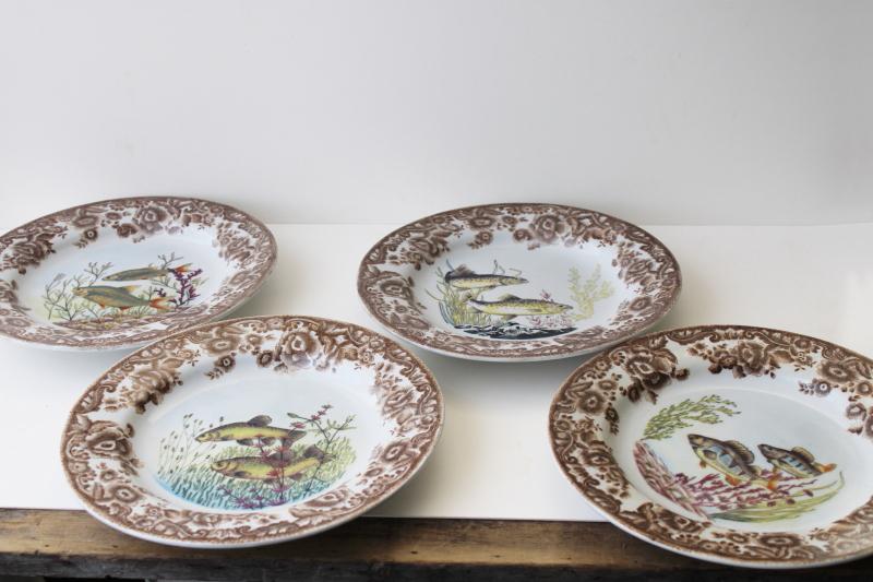 photo of wall art set vintage ironstone fish plates, transferware china w/ painted details #9