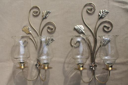 photo of wall mount candle sconces, gold metal candle holder brackets w/ etched glass hurricane shades #1