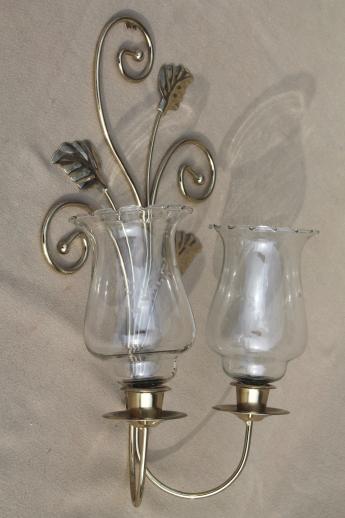 photo of wall mount candle sconces, gold metal candle holder brackets w/ etched glass hurricane shades #6