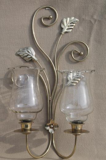 photo of wall mount candle sconces, gold metal candle holder brackets w/ etched glass hurricane shades #7