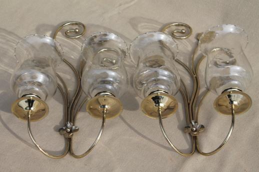 photo of wall mount candle sconces, gold metal candle holder brackets w/ etched glass hurricane shades #8