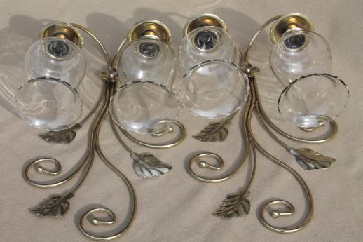 photo of wall mount candle sconces, gold metal candle holder brackets w/ etched glass hurricane shades #9