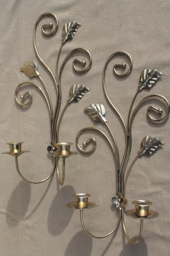 photo of wall mount candle sconces, gold metal candle holder brackets w/ etched glass hurricane shades #10