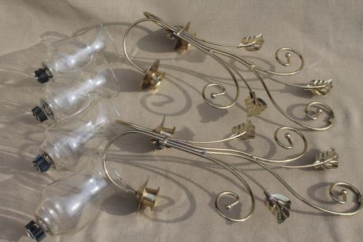 photo of wall mount candle sconces, gold metal candle holder brackets w/ etched glass hurricane shades #12