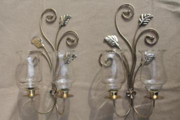 catalog photo of wall mount candle sconces, gold metal candle holder brackets w/ etched glass hurricane shades