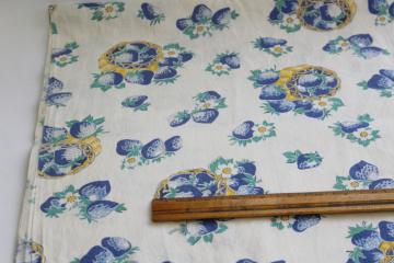catalog photo of washed vintage cotton fabric, blue yellow strawberries print 1950s retro!