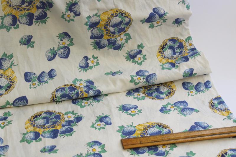 photo of washed vintage cotton fabric, blue yellow strawberries print 1950s retro! #1