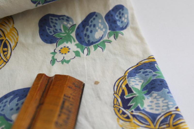 photo of washed vintage cotton fabric, blue yellow strawberries print 1950s retro! #2