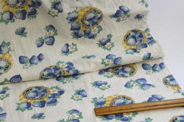 catalog photo of washed vintage cotton fabric, blue yellow strawberries print 1950s retro!