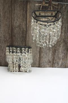 catalog photo of waterfall chandelier glass crystal prisms wall sconce candle holders, pair of vintage sconces 