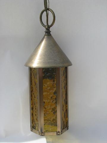 photo of weathered solid brass / amber glass lantern hanging pendant light fixtures #3