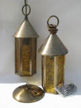 catalog photo of weathered solid brass / amber glass lantern hanging pendant light fixtures