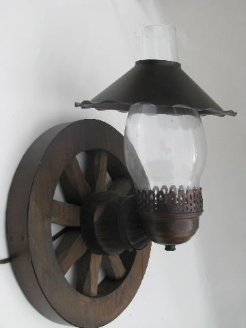 photo of western wagon wheel vintage wood wall light sconces, pair sconce lamps #3