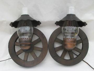 catalog photo of western wagon wheel vintage wood wall light sconces, pair sconce lamps