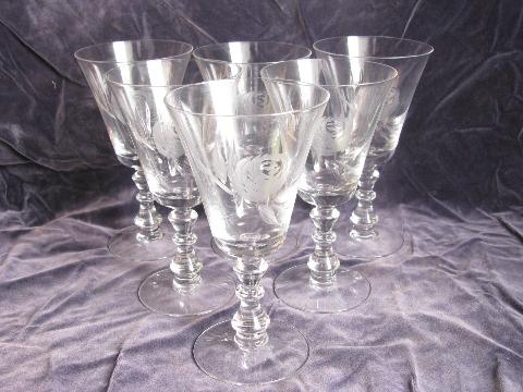 photo of wheel or grey cut rose Fostoria glass, vintage water glasses set of six #1