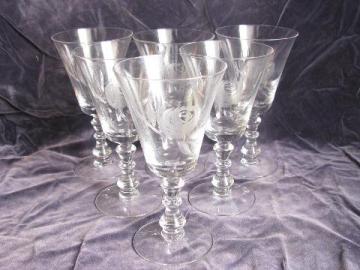 catalog photo of wheel or grey cut rose Fostoria glass, vintage water glasses set of six