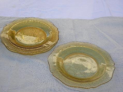 photo of wheel spoke vintage amber yellow depression glass salad plates, Patrician #3