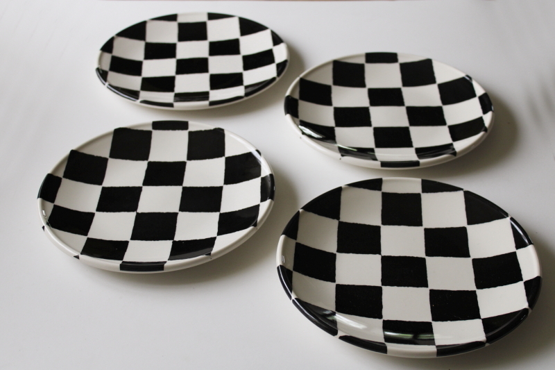 photo of whimsical mod black & white checked checkerboard salad plates, Chequers Royal Stafford England #1