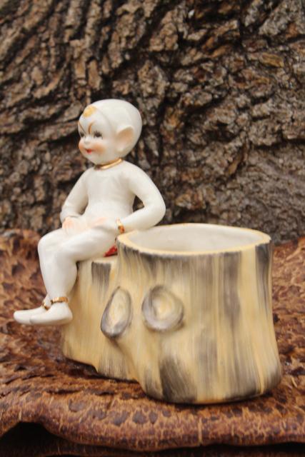 photo of white Christmas 1950s vintage pixie, sitting Santa's elf ceramic planter pot vase #1