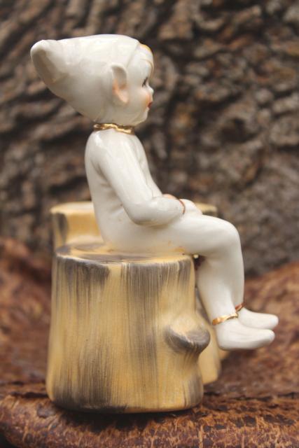 photo of white Christmas 1950s vintage pixie, sitting Santa's elf ceramic planter pot vase #3