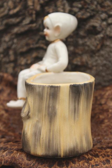 photo of white Christmas 1950s vintage pixie, sitting Santa's elf ceramic planter pot vase #5