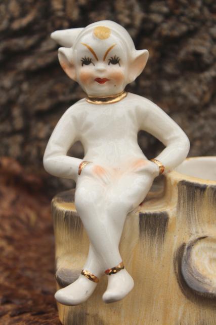 photo of white Christmas 1950s vintage pixie, sitting Santa's elf ceramic planter pot vase #6