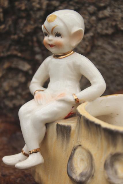 photo of white Christmas 1950s vintage pixie, sitting Santa's elf ceramic planter pot vase #7