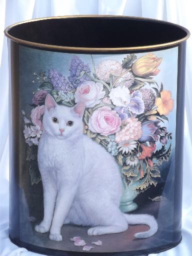 photo of white cat w/flowers art print on vintage metal wastebasket waste basket #1