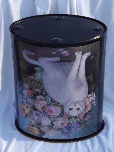 photo of white cat w/flowers art print on vintage metal wastebasket waste basket #4