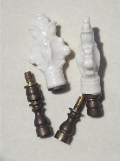 photo of white china flowers vintage lamp finial set, pair of pottery lamp finials #3