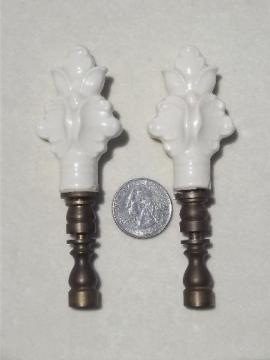 catalog photo of white china flowers vintage lamp finial set, pair of pottery lamp finials