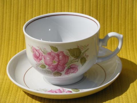 photo of white china teapot, cups & saucers set, pink rose floral print #2