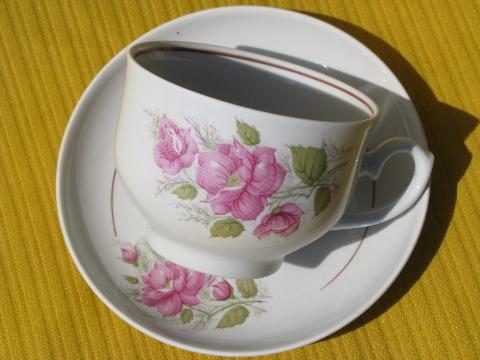 photo of white china teapot, cups & saucers set, pink rose floral print #3