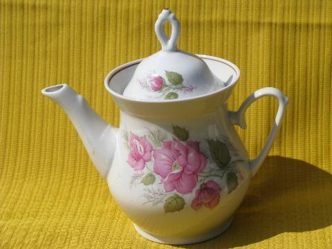 photo of white china teapot, cups & saucers set, pink rose floral print #4