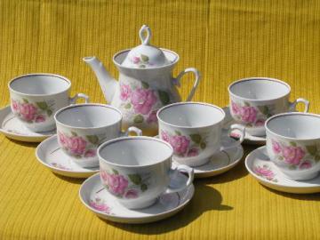 catalog photo of white china teapot, cups & saucers set, pink rose floral print